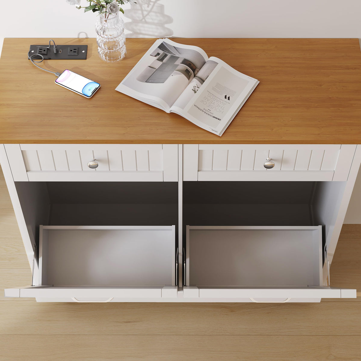 White 20 Gallon Tilt Out Trash Cabinet with Drawer C597