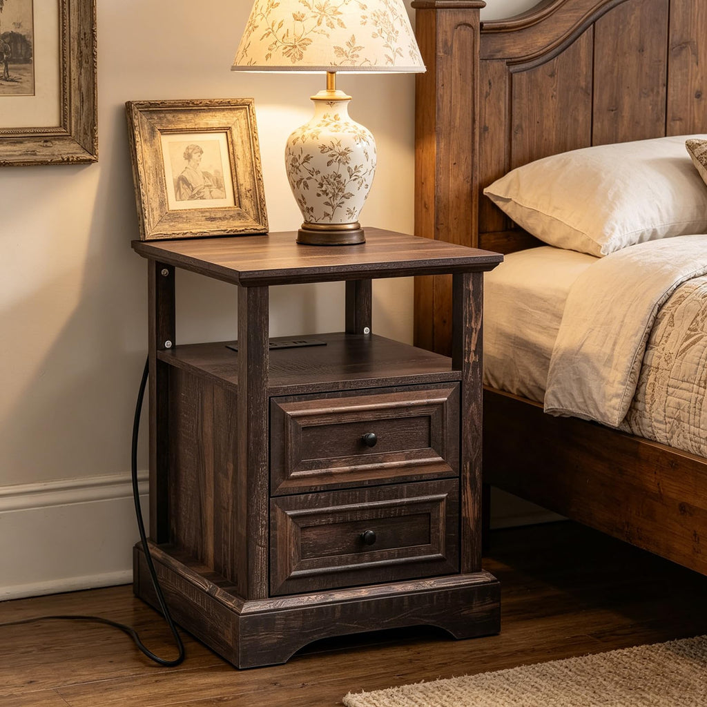 24" Tall Nightstand Set of 2 with Charging Station, 2 Drawers I868