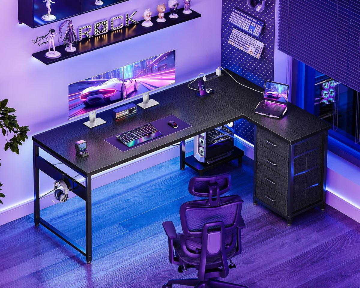 61" L Shaped Gaming Desk with 4 Drawers and Power Outlets, Black N64114