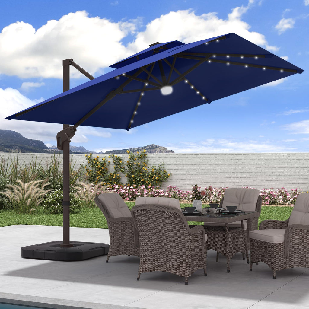 9x9 FT Cantilever Offset Patio Umbrella with Lights & Base O612955