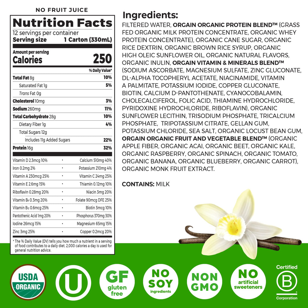 Organic Grass Fed 16g Protein Shake, Vanilla, 11oz, 12pk T170