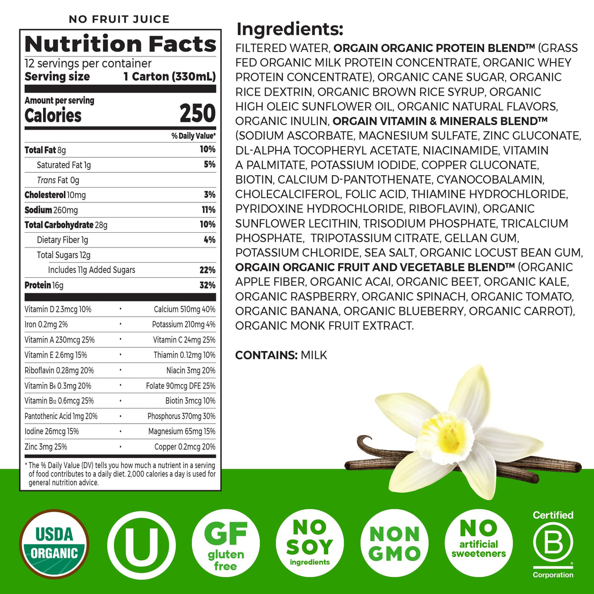 Organic Grass Fed 16g Protein Shake, Vanilla, 11oz, 12pk T170
