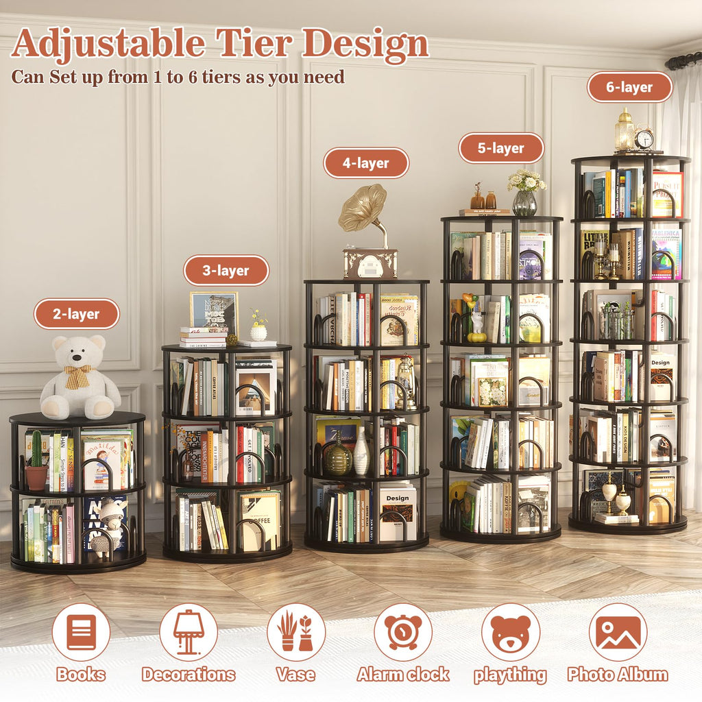 6 Tier Rotating Bookshelf Tower Black S651905