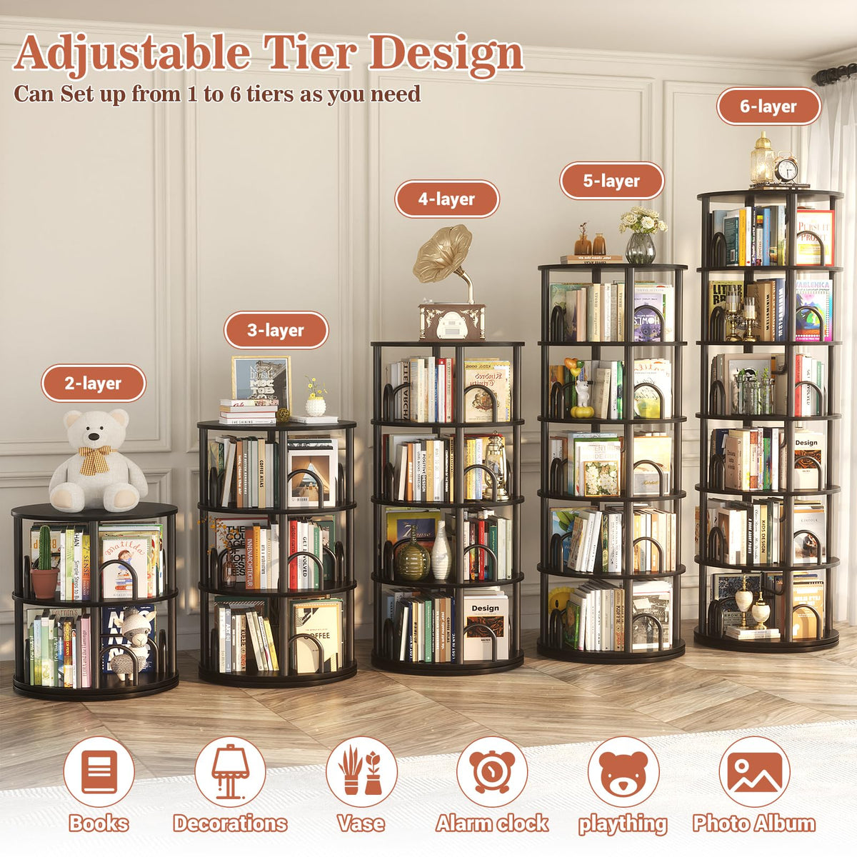 6 Tier Rotating Bookshelf Tower Black S651905