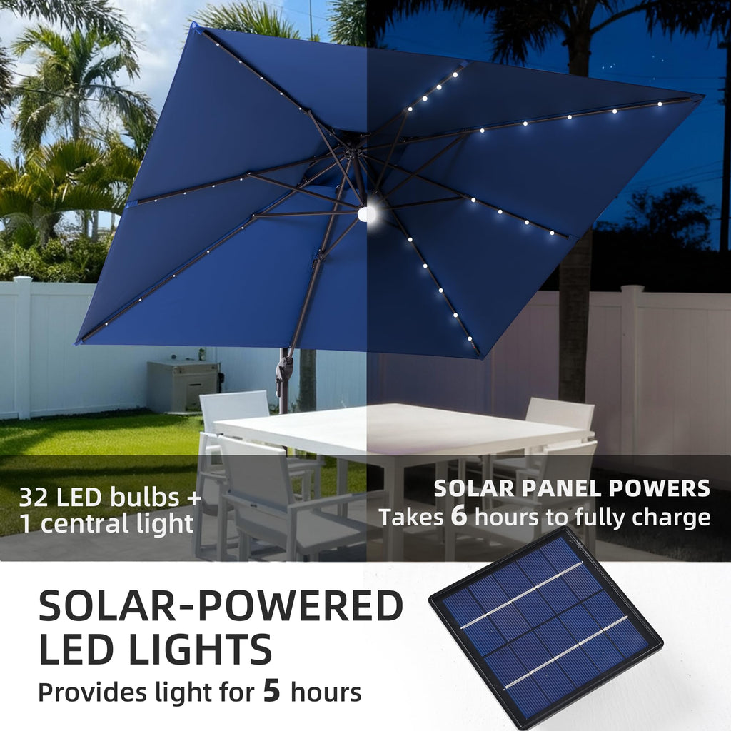 9x9 FT Cantilever Offset Patio Umbrella with Lights & Base O612955