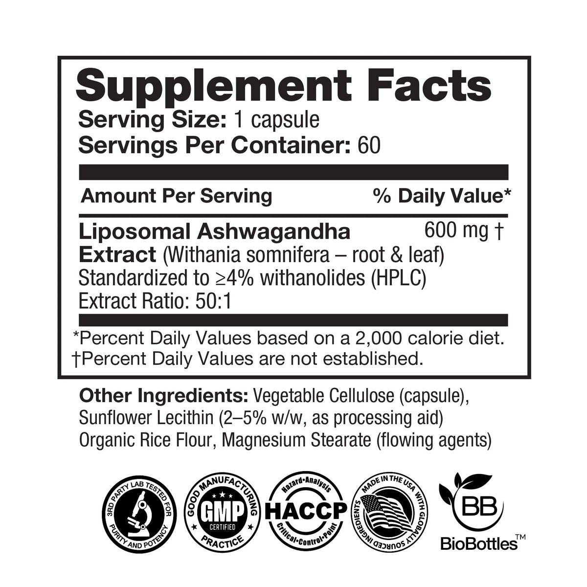 600mg 60 Vegan Capsules Ashwagandha Dietary Supplement E81254