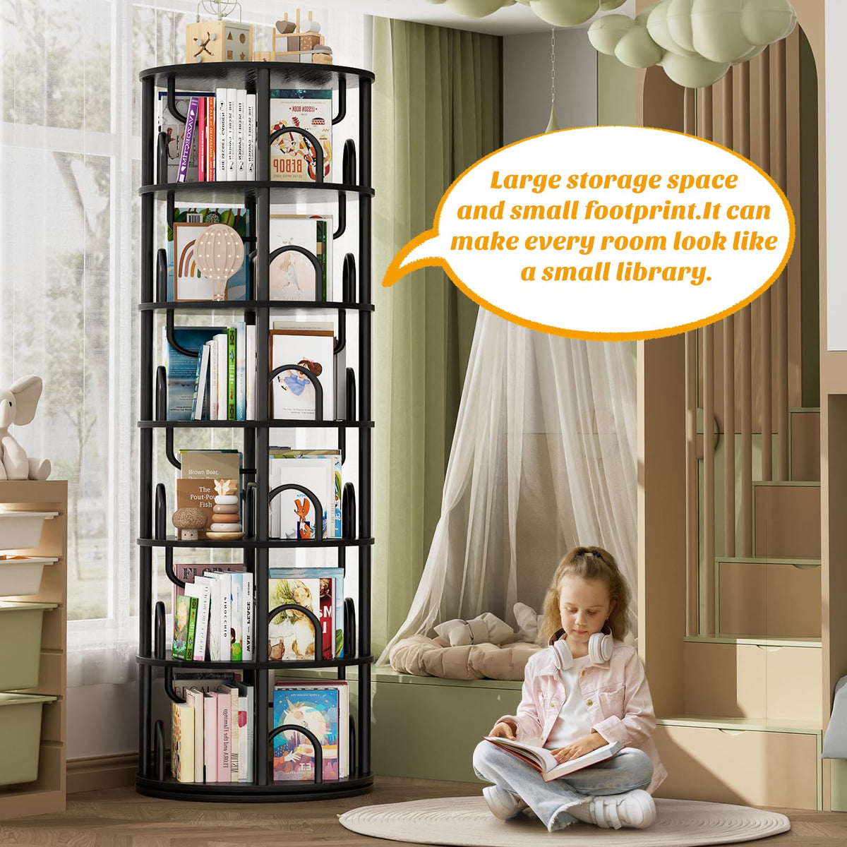 6 Tier Rotating Bookshelf Tower Black S651905