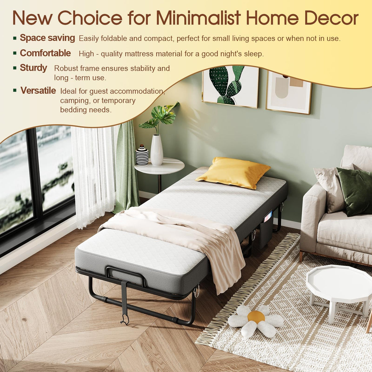 Folding Bed with Mattress, Memory Mattress Metal Frame Single Bed C9202