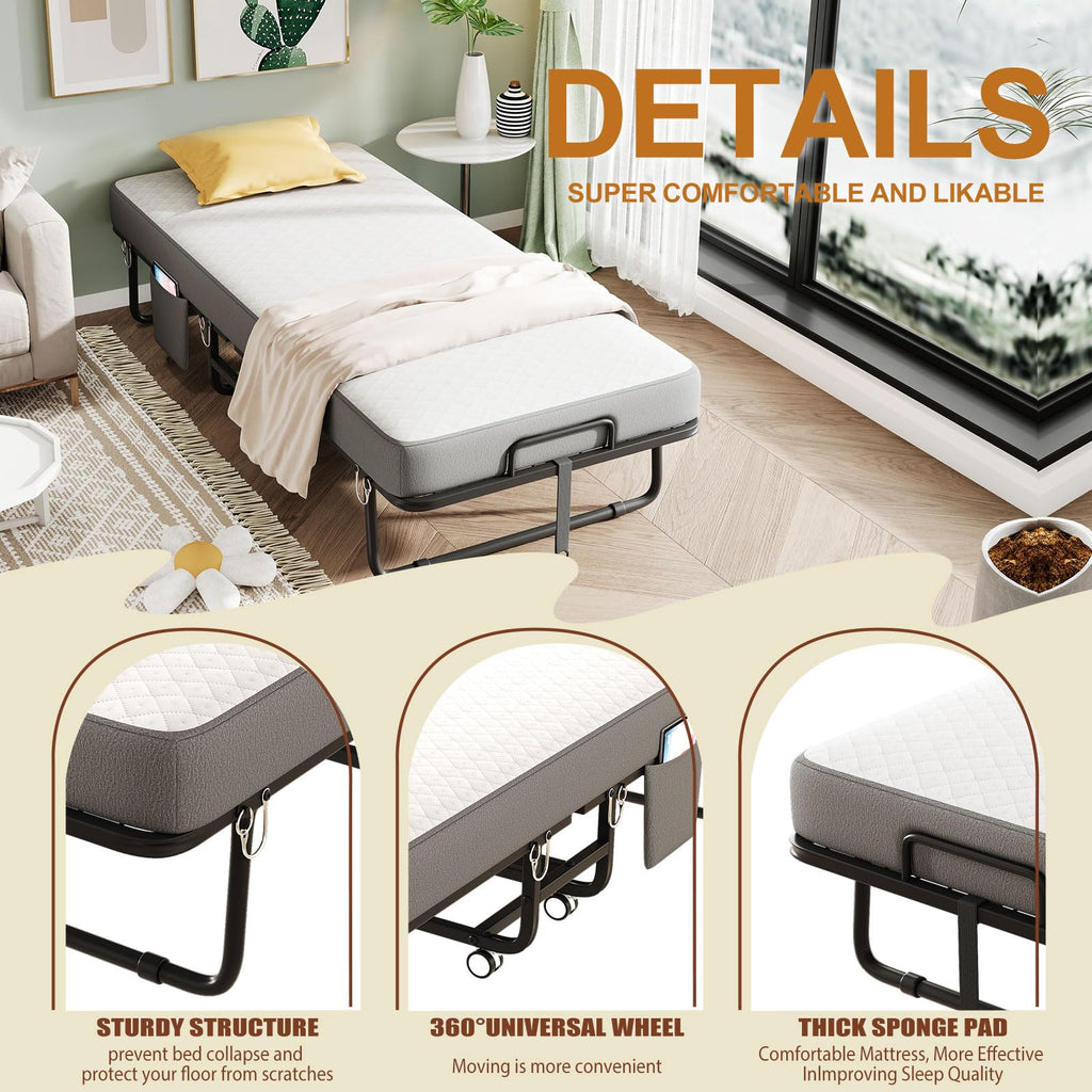 Folding Bed with Mattress, Memory Mattress Metal Frame Single Bed C9202