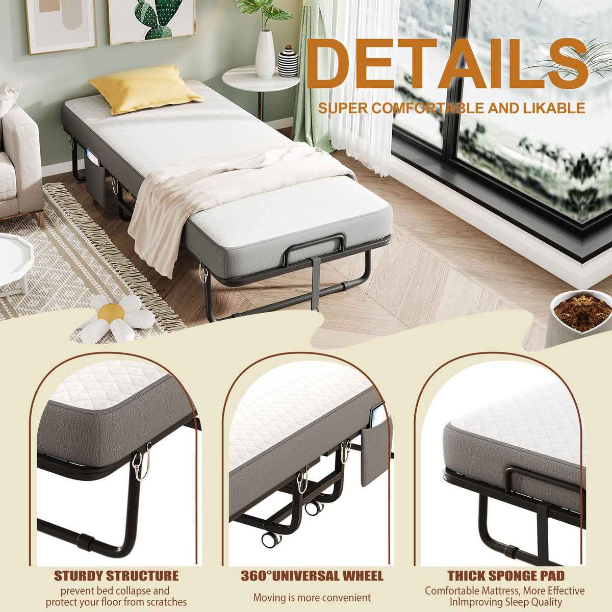 Folding Bed with Mattress, Memory Mattress Metal Frame Single Bed C9202