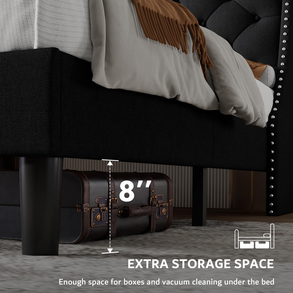 Queen Upholstered Platform Bed with Storage Headboard, Black N325