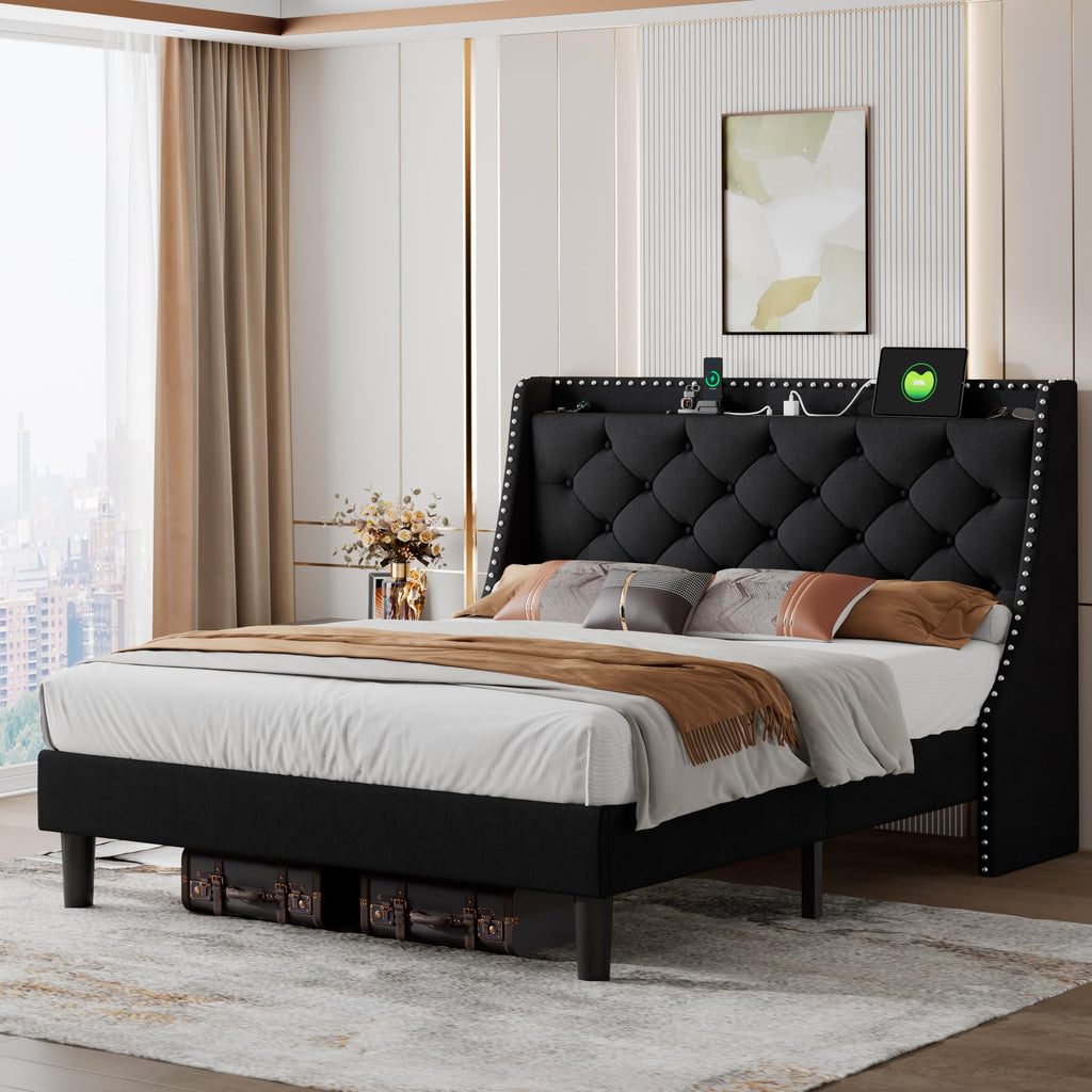 Queen Upholstered Platform Bed with Storage Headboard, Black N325