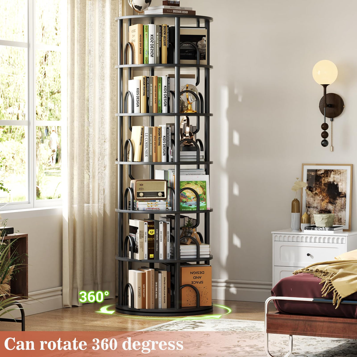 6 Tier Rotating Bookshelf Tower Black S651905