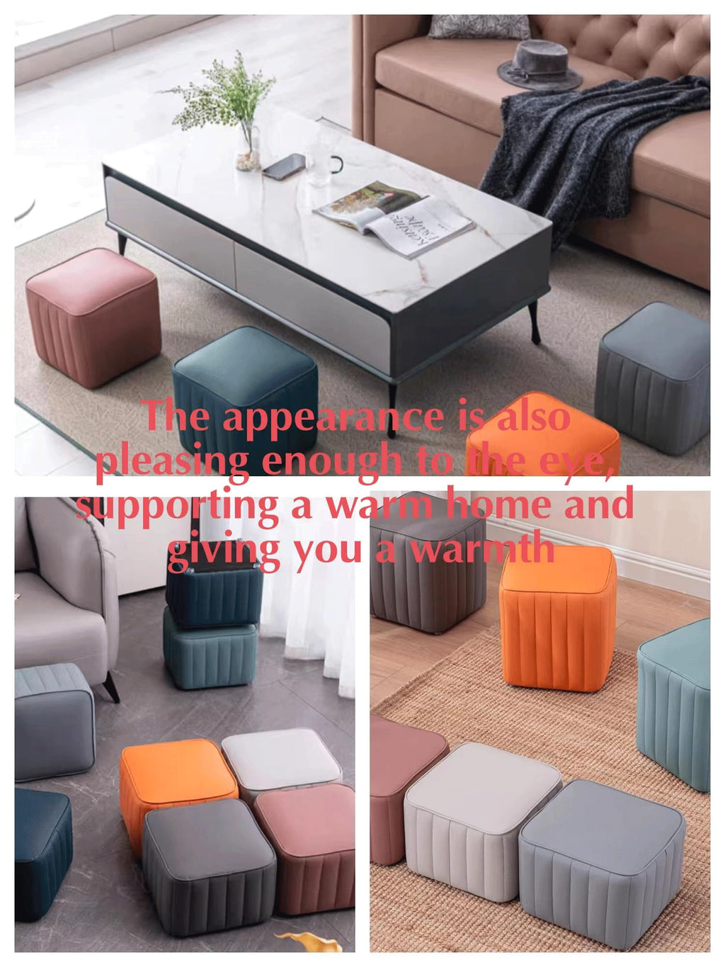 Dark Blue Leather Square Ottoman Y8224