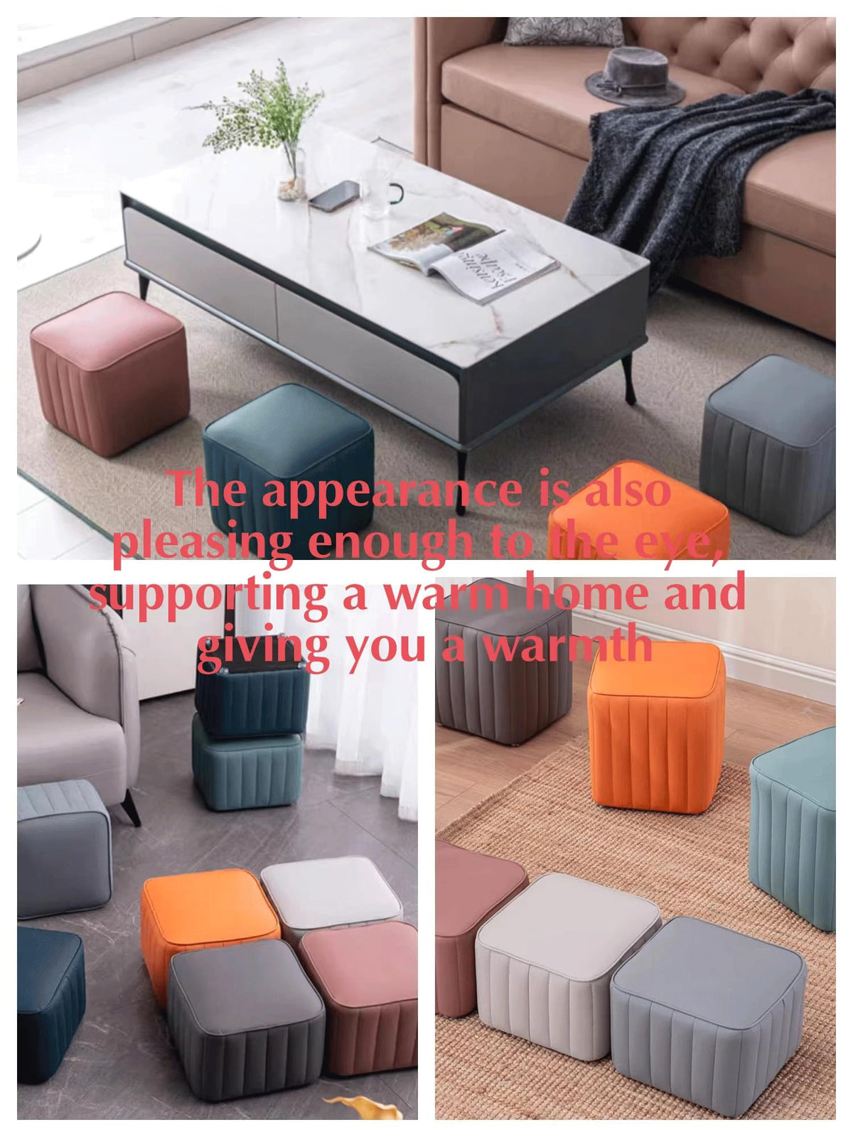 Dark Blue Leather Square Ottoman Y8224