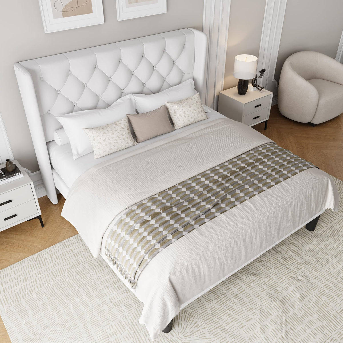 Queen Size Velvet Upholstered Platform Bed Frame with Wingback Headboard Y477