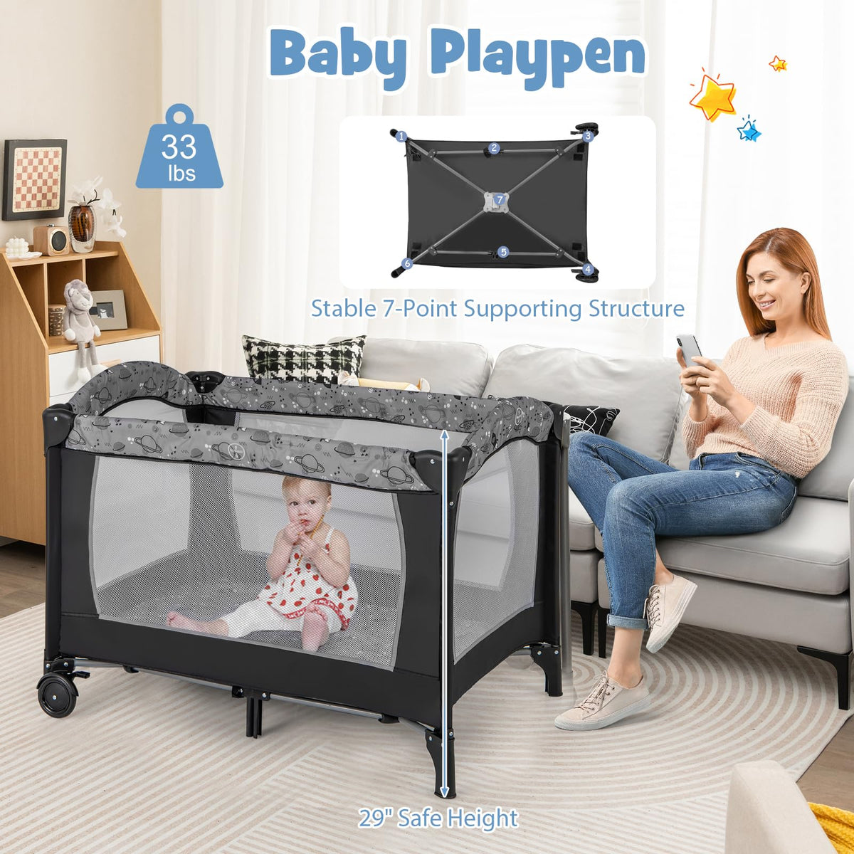 4 in 1 Portable Baby Playard with Bassinet and Changing Table J350