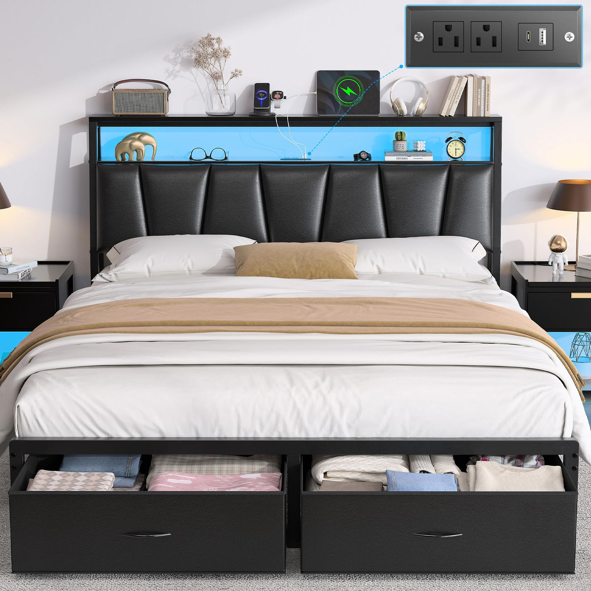 Queen Bed Frame with Storage Headboard and 2 Drawers Q41489