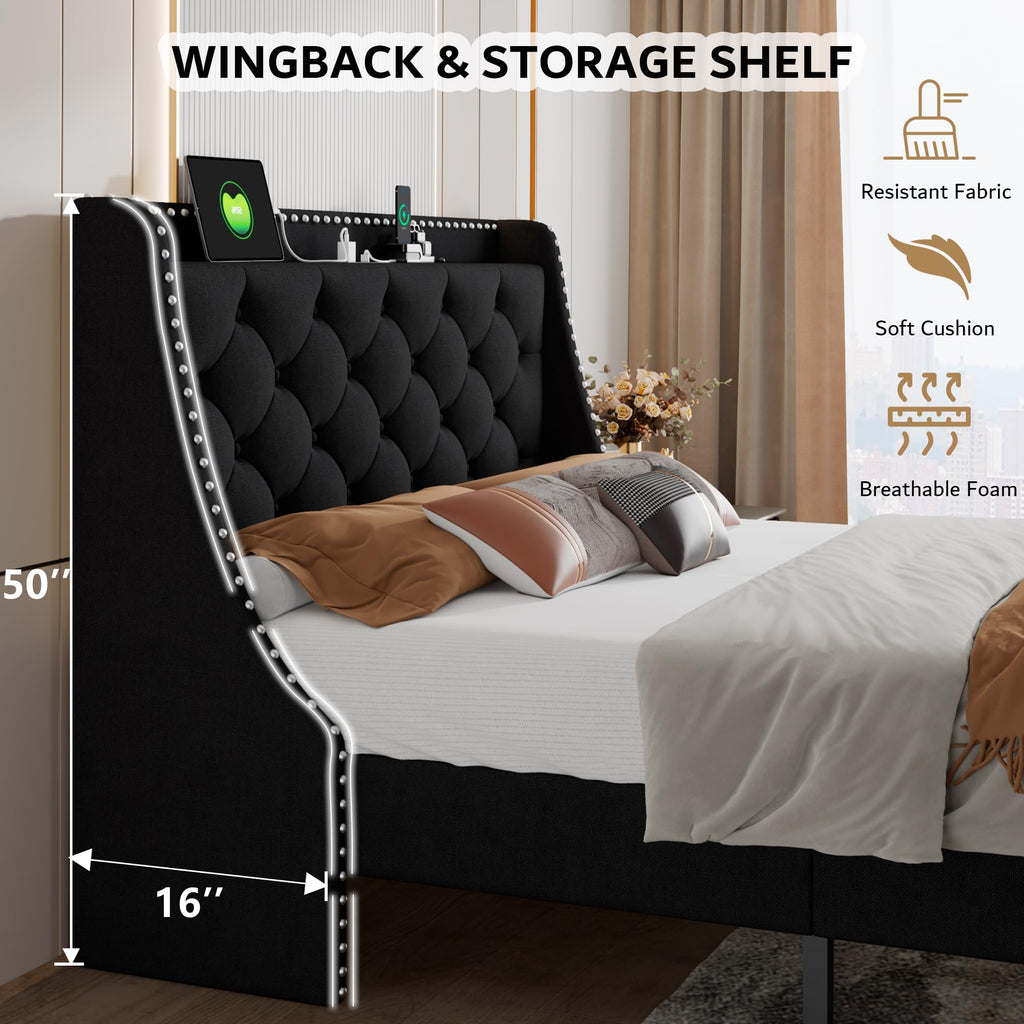 Queen Upholstered Platform Bed with Storage Headboard, Black N325