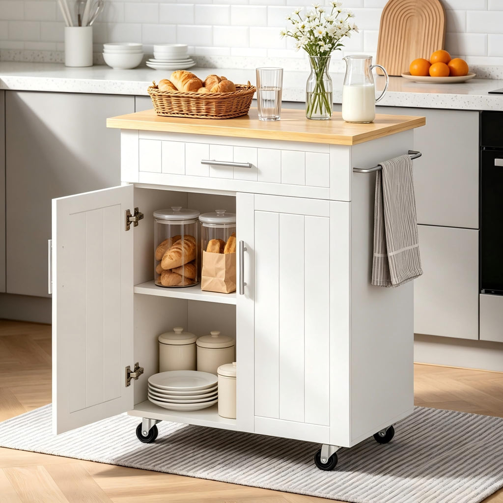 26" Rolling Kitchen Island Cart with Drawer, Shelves, Towel Rack, Lockable Casters, White G925117
