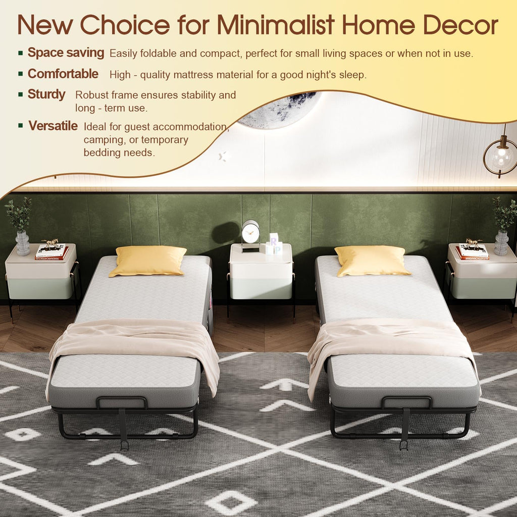 Folding Bed with Mattress, Memory Mattress Metal Frame Single Bed C9202