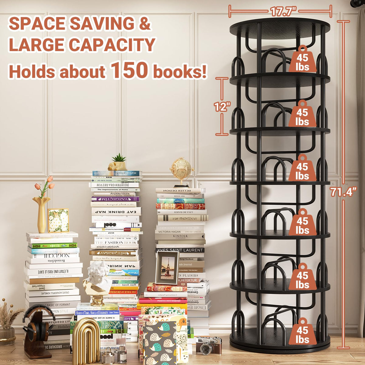 6 Tier Rotating Bookshelf Tower Black S651905