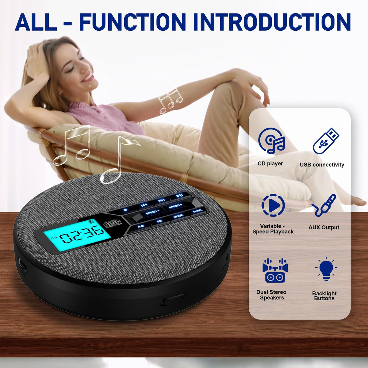 Portable Rechargeable CD Player with Dual Speakers, Black E9199