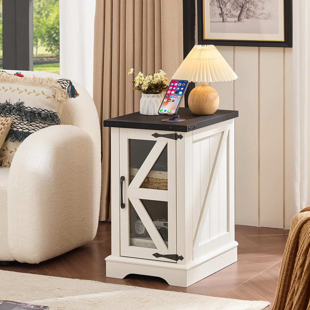 Narrow Night Stand with Glass Barn Door A99981