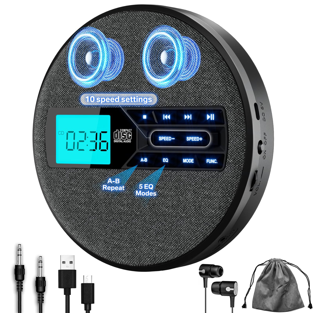 Portable Rechargeable CD Player with Dual Speakers, Black E9199