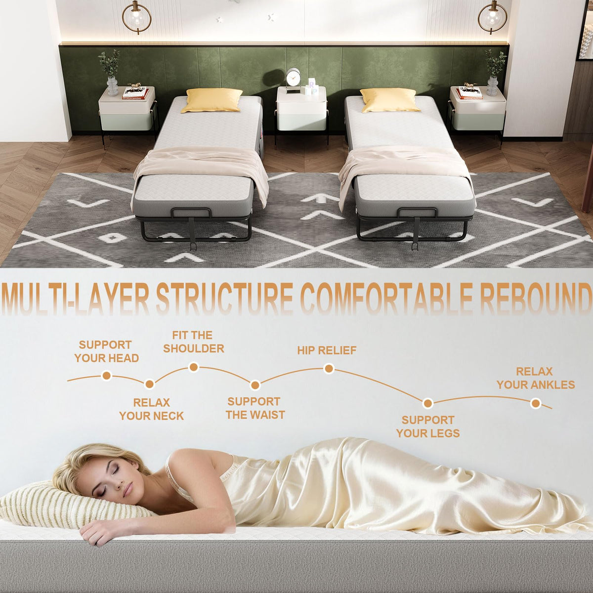 Folding Bed with Mattress, Memory Mattress Metal Frame Single Bed C9202