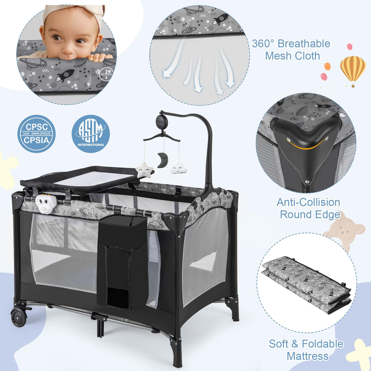 4 in 1 Portable Baby Playard with Bassinet and Changing Table J350