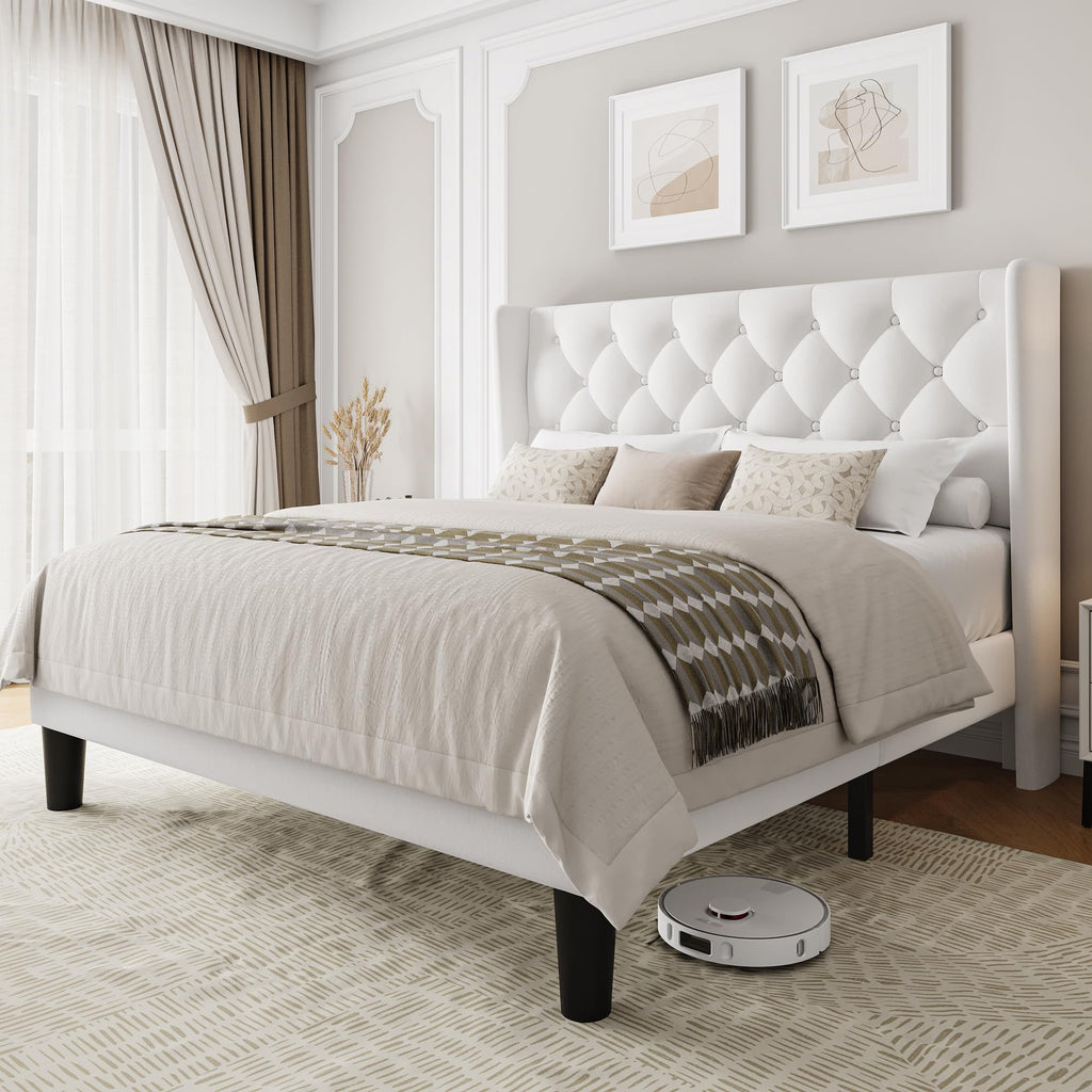 Queen Size Velvet Upholstered Platform Bed Frame with Wingback Headboard Y477