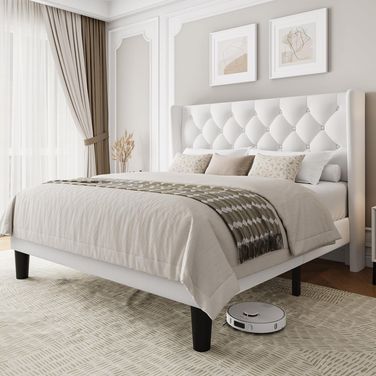 Queen Size Velvet Upholstered Platform Bed Frame with Wingback Headboard Y477