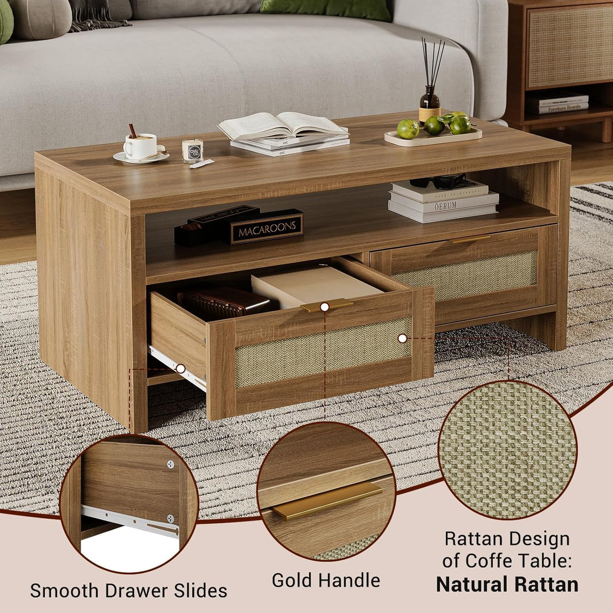 40” Boho Rattan Coffee Table with Storage O4196