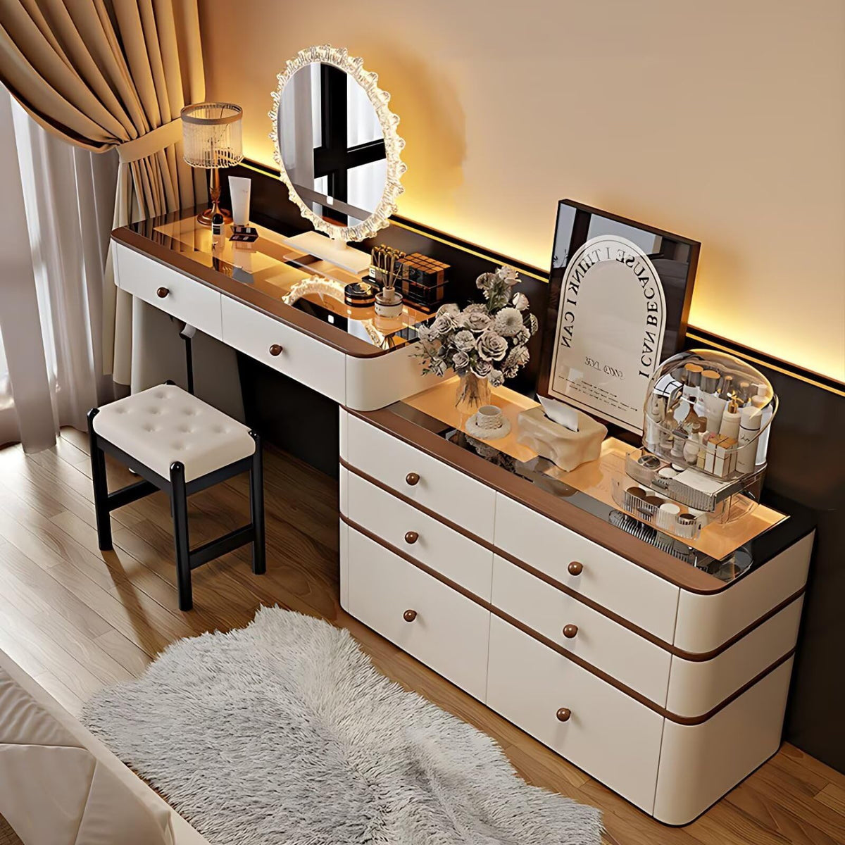 Leather Makeup Vanity with Tempered Glass Top & LED Light C888676
