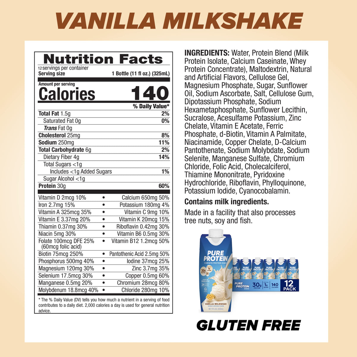 Vanilla Protein Shake, 30g Protein, Vitamins A, C, D, E, Zinc W776446