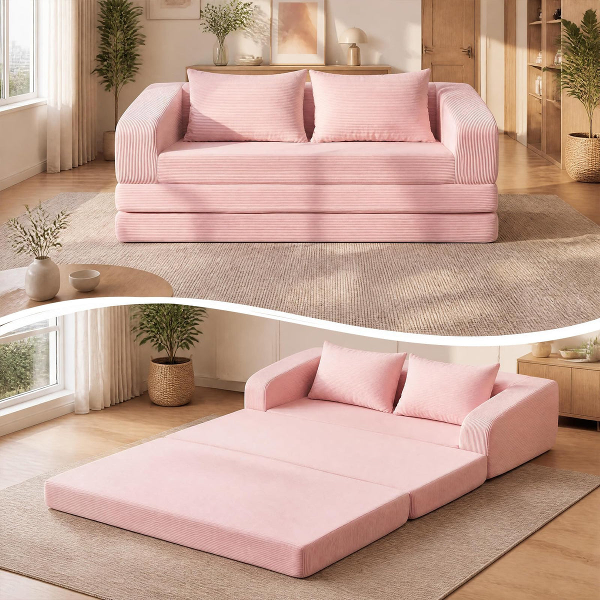 61" Pink Convertible Futon Sofa Bed F34655