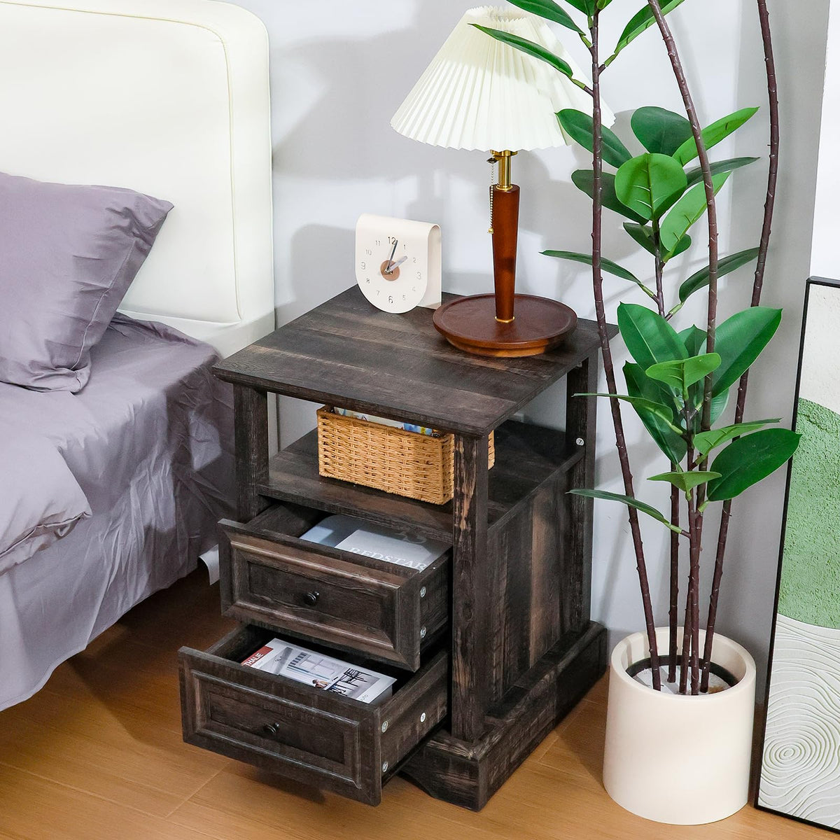 24" Tall Nightstand Set of 2 with Charging Station, 2 Drawers I868