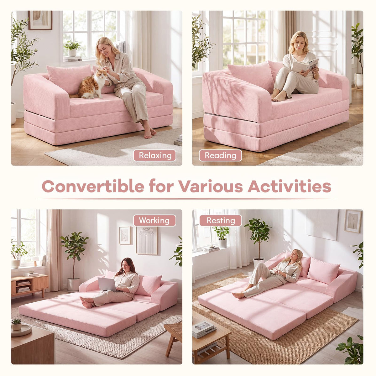 61" Pink Convertible Futon Sofa Bed F34655