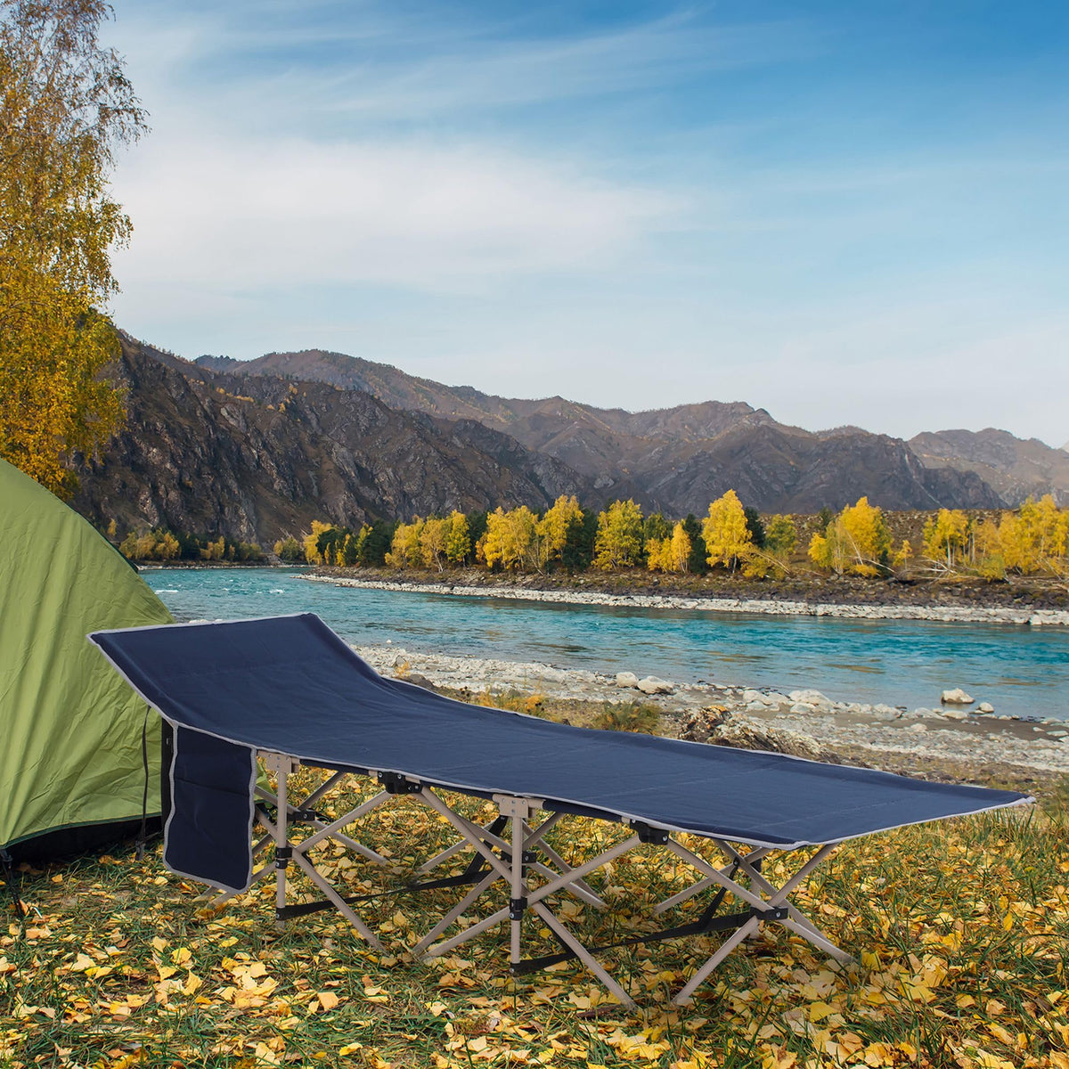 Folding Camping Cot with Carry Bag, Side Pocket, Blue B60882