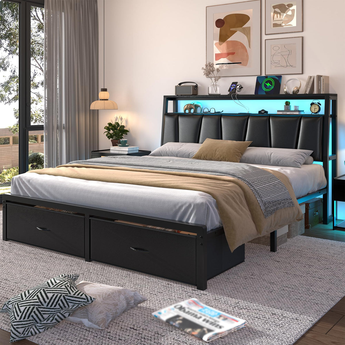 Queen Bed Frame with Storage Headboard and 2 Drawers Q41489